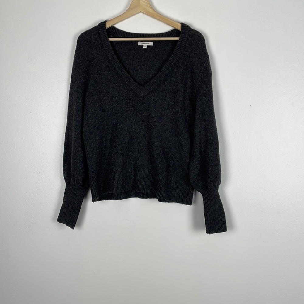 Madewell gray V neck bishop sleeve wool blend pullover stretchy knit sweater XS